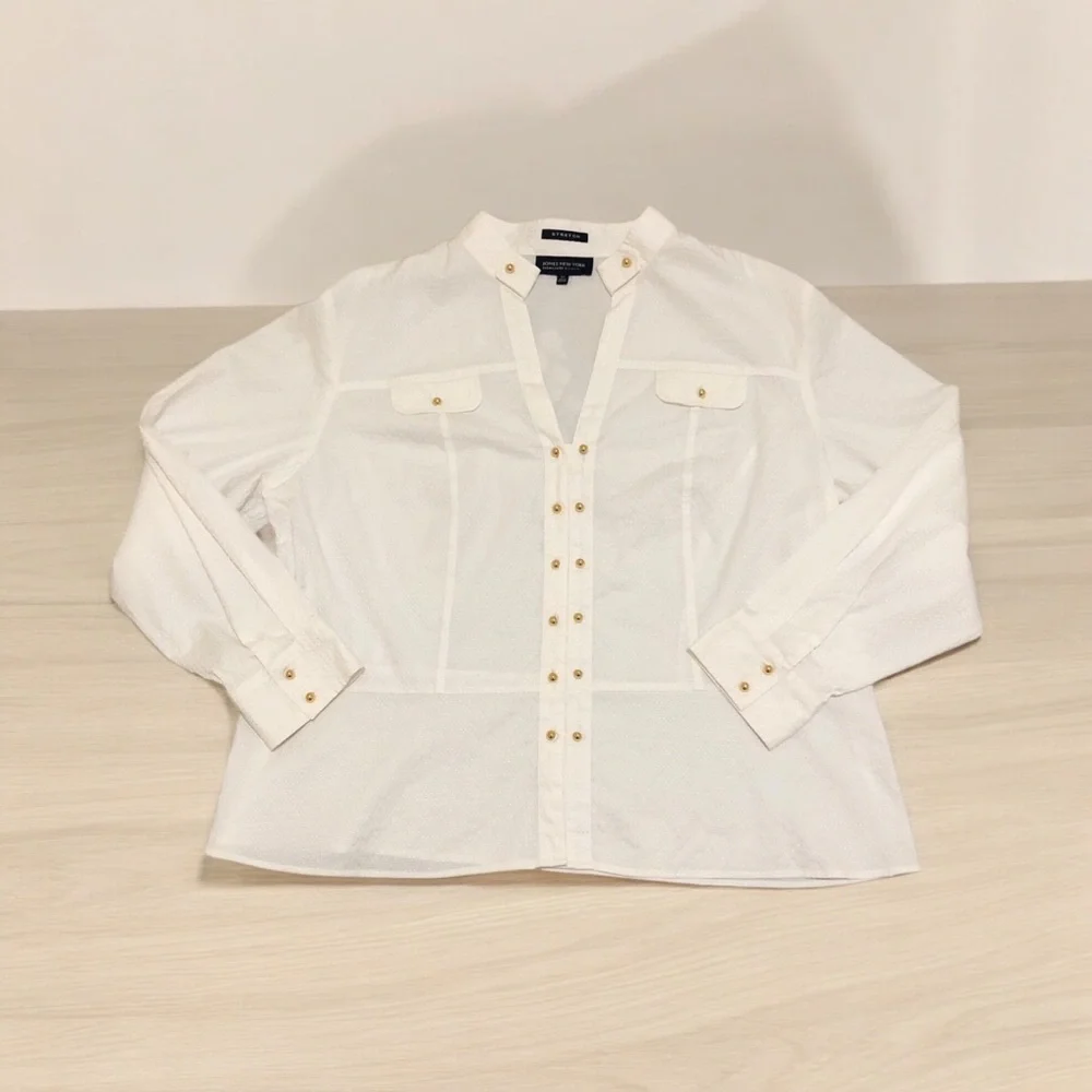 Jones New York Signature Women’s Pullover Blouse 3X White Stretch Gold Buttons - Picture 6 of 12